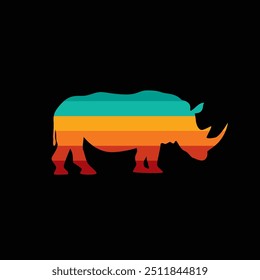 The silhouette of a rhinoceros in a retro sunset. Original vector illustration in vintage style. Hand drawn, not AI