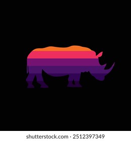 The silhouette of a rhinoceros in a retro sunset. Original vector illustration in vintage style. Hand drawn, not AI