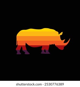 The silhouette of a rhinoceros in a retro sunset. Original vector illustration in vintage style isolated on black background. Hand drawn, not AI