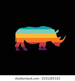 The silhouette of a rhinoceros in a retro sunset. Original vector illustration in vintage style isolated on black background. Hand drawn, not AI