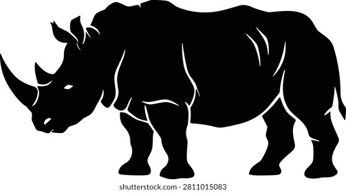 Silhouette of rhinoceros standing in profile view with two horns and strong body outline for wildlife design