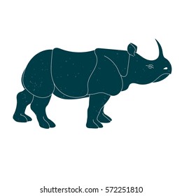 Silhouette of a rhinoceros. Vector isolated illustration. Vintage. Flat. The modern design. Blue rhino.