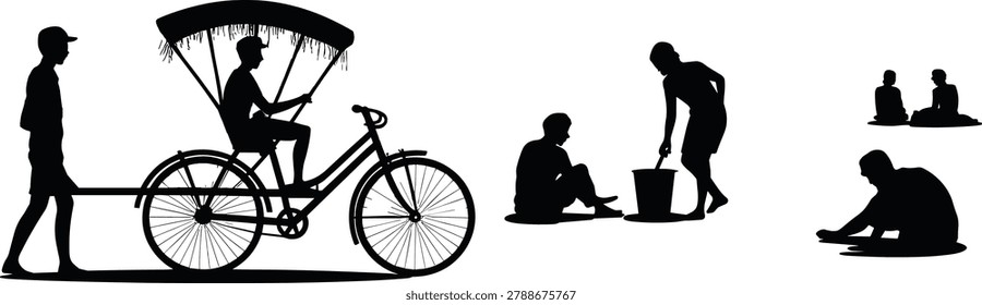 Silhouette of rickshaw puller and people helping each other depicting daily life, poverty, and social support concept.eps
