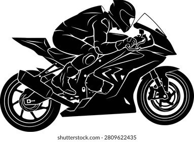 Silhouette of a rider accelerating fast on a sportbike motorcycle side view.