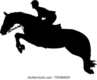 Silhouette of a rider and a horse are jumping over an obstacle.