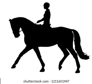 A silhouette of a rider on a horse execute the walk.