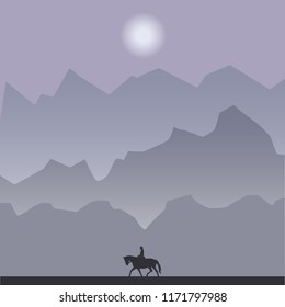 Silhouette of a rider on a horse at night. Mountains, the moon. Landscape vector