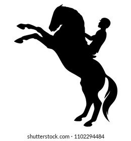 A silhouette of a rider on a horse. A horse standing on its hind legs.