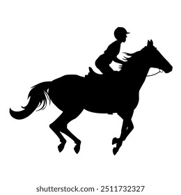 Silhouette of a rider on a running horse. Equestrian or horseback riding icon. Vector illustration isolated on a white background