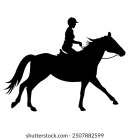 Silueta de un jinete en un caballo trotando. Icono ecuestre o a caballo. Ilustración vectorial aislada en un fondo blanco