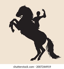 Silhouette Of A Rider Riding A Rearing Horse, Isolated On A White, Colored, Landscape Background