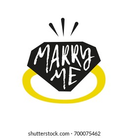 Silhouette of a ring with calligraphic text Marry me. Vector color label.