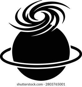 Silhouette of a ringed planet with a swirling galaxy above vector design