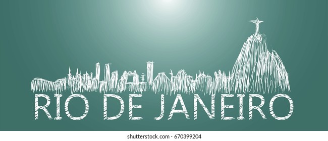 Silhouette Rio de Janeiro city drawing with chalk. Green background