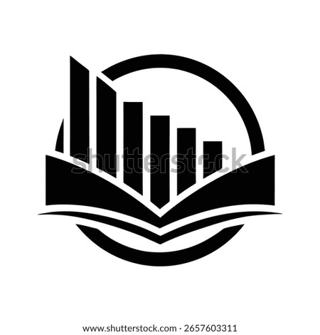 Silhouette rising bar chart within a circle over an open book logo