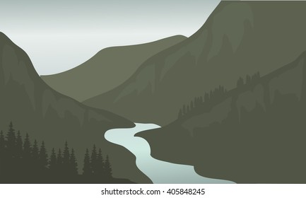 Silhouette of river in mountain with gray backgrounds