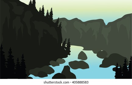  Silhouette of river and rock at the afternoon