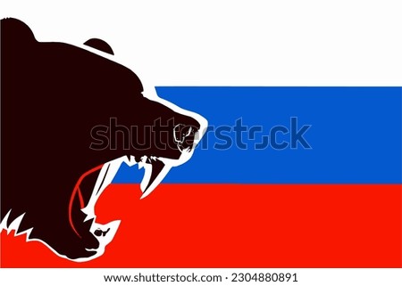 Silhouette of roaring bear on a background of Russian flag. Vector image.