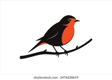 Silueta de un pájaro petirrojo posado en una rama, capturado en una ilustración de Arte vectorial negro.