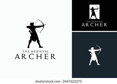 Silhouette of Robin Hood or Hooded Medieval Archer Archery Warrior with bow. He aiming the arrow during the battle war combat fight logo design.