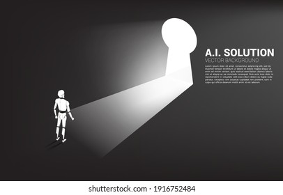 Silhouette Of Robot Ready To Move Out To Key Hole Door. Concept Of Artificial Intelligence And Machine Learning Worker Technology