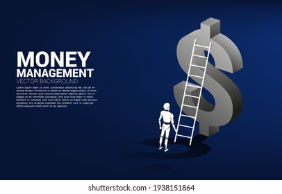 Silhouette of robot standing in front of dollar icon with ladder. Concept of artificial intelligence investment.