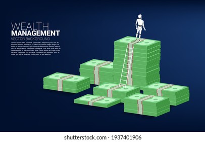 Silueta de robot sobre la pila de billetes con escalera. Concepto de inversión en inteligencia artificial.