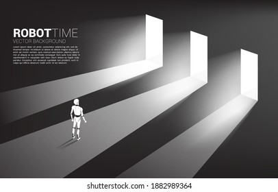 Silhouette of robot standing standing to select door to enter. concept of artificial intelligence and machine learning worker technology