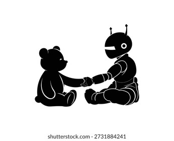 Silhueta do robô e ursinho de pelúcia apertando as mãos. O conceito de amizade humana e tecnológica