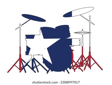 Silhouette de un kit de tambores de bandas de rock aislado en blanco e inset con la bandera de la bandera texana