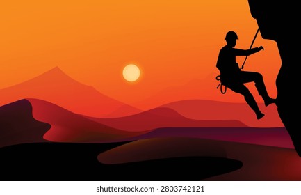 Silhouette of a rock climber ascending a steep cliff on vibrant sunset, symbolizing adventure, determination, courage, endurance, achievement, and outdoor exploration in a scenic mountain landscape.