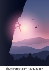 Silhouette of a rock climber climbing a mountain against a sunset sky