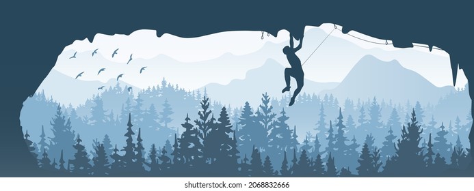 Silhouette of rock climber climbing overhang in cave. Forest and mountains in the background, birds. Magical misty landscape, fog. Blue illustration. Banner.