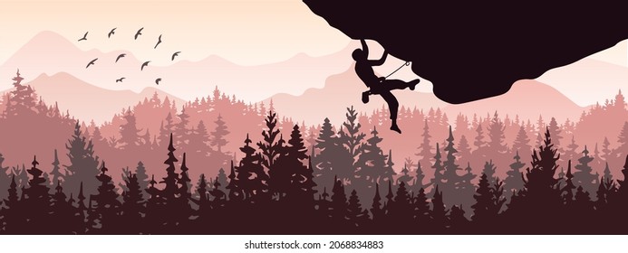 Silhouette of rock climber climbing overhang. Forest and mountains in the background, birds. Magical misty landscape, fog. Pink and violet illustration. Banner.