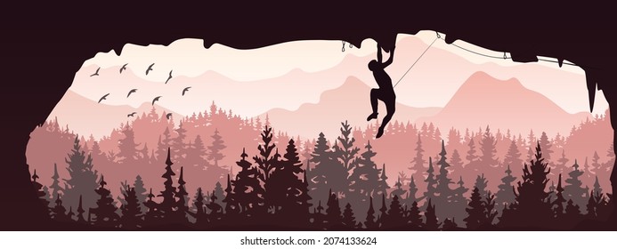 Silhouette of rock climber climbing overhang in cave. Forest and mountains in the background, birds. Magical misty landscape, fog. Violet and pink illustration. Banner.