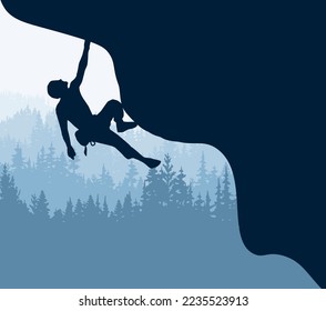 Silhouette of rock climber climbing overhang. Forest in background. Magical misty landscape, fog. Blue illustration. Badge, sticker. 