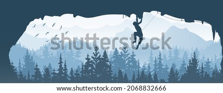Silhouette of rock climber climbing overhang in cave. Forest and mountains in the background, birds. Magical misty landscape, fog. Blue illustration. Banner.