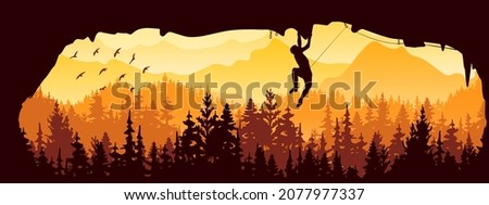 Silhouette of rock climber climbing overhang in cave. Forest and mountains in the background, birds. Magical misty landscape, fog. Yellow and orange illustration. Banner.