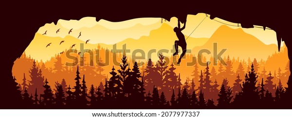 Silhouette of rock climber\
climbing overhang in cave. Forest and mountains in the background,\
birds. Magical misty landscape, fog. Yellow and orange\
illustration.\
Banner.