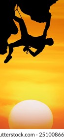 the silhouette of a rock climber hanging on a cliff looking for a rock to hold on to climb to the next place