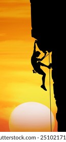 the silhouette of a rock climber hanging on a cliff looking for a rock to hold on to climb to the next place