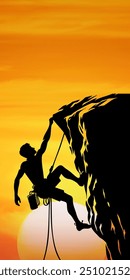 The silhouette of a rock climber has reached the top of a mountain in the afternoon.