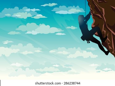 Silhouette of rock climber on a blue cloudy sky. Vector illustration of sport.