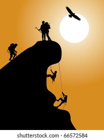 Silhouette of a rock with climbers on an orange background