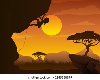 Silhouette rock climbing background illustration