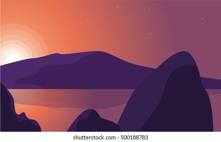 Silhouette of rock and lake landscape vector illustration