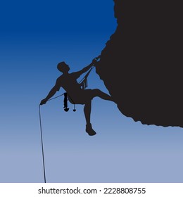 Silhouette of rock mountain climber with any equipment vector illustration