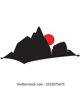 Silhouette of rock mountain and sun. Abstract mountain range landscape background. Vector mountain and sunset for icon, logo, travel poster, tourism card.