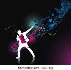 silhouette of rock singer with color wave line background, Vector Illustration, No mesh in this Vector
