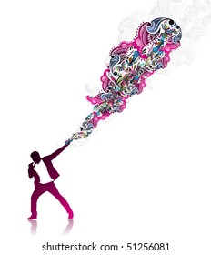silhouette of rock singer with color wave line background, Vector Illustration,